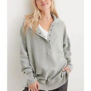 Aerie Textured Oversized Henley Sweatshirt Quarter Snap Light Green Hoodie Small